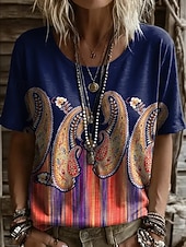 voordelige Boho t-shirt-Dames T-shirt Afdrukken Bloemig Grafisch Planten Vintage Stijlvol Casual Korte mouw V-hals Normale tops Casual Dagelijks Weekend blauw Blozend Roze Int Blauw Groen Zomer Lente