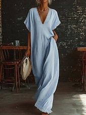 economico Vestiti-Per donna Abito maxi Abiti effetto lino Abito a trapezio Casual Quotidiano Vestibilità comoda Semplice Manica Corta Scollo a V Blu Nero Bianco Giallo Estate Primavera