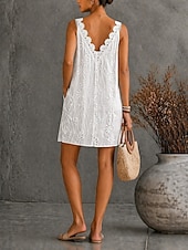 Χαμηλού Κόστους Απλό Φόρεμα-Γυναικεία Φόρεμα μέχρι το γόνατο Φόρεμα Λευκό φόρεμα Μοντέρνα ΕΞΩΤΕΡΙΚΟΥ ΧΩΡΟΥ Σαββατοκύριακο Κανονικό Σκέτο Αμάνικο Λαιμόκοψη V Λευκό Καλοκαίρι Άνοιξη