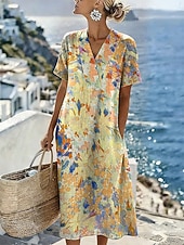 preiswerte Blumenkleider-Damen Midikleid Sommerkleid Freizeitkleid Urlaub Lässig Strand Strand Lässiger Schnitt Blumen Grafik Kurzarm V Ausschnitt Blau Gelb Rosa Purpur Sommer Frühling