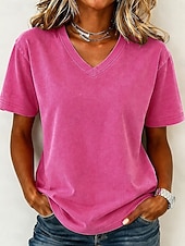  T-shirt femme en coton délavé à l'acide, style vintage, manches courtes, col V, coupe classique, décontracté, idéal pour le quotidien et les sorties, bleu violet / bleu noir violet orange été