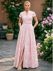 ieftine Rochii de seară în linie A-Linia -A Lungime Podea Rochie florala Rochii de seara Elegant Epocă Floral Manșon scurt În V Petrecere în grădină Nuntă Buzunar Satin Jaquard cu Franjuri Rochie cu fanta
