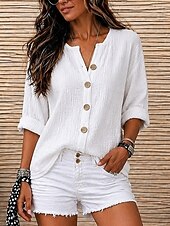 economico Camicie di Lusso-Per donna Camicie di cotone e lino Vacanza Casual Bianco Giallo Rosa Viola Azzurro Estate Primavera