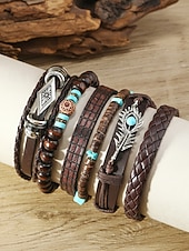 זול תכשיטים לגברים-סט צמידים בסגנון בוהמי לגברים, אורך מתכוונן בן 6 חלקים, סגסוגת, קליפת קוקוס &amp;חומר מעורב עץ, מושלם לחופשת חוף, ללבישה יומיומית קז'ואלית