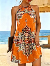economico Abiti Boho-Per donna Abito al ginocchio Abito a trapezio Abito Estivo Vacanza Casual Vestibilità regolare Grafico Boho Paisley Damasco Senza Maniche All'americana Rosso Viola Arancione Verde Estate Primavera