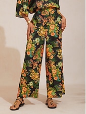 preiswerte Damenhosen-Seidensatinhose mit Paisley-Muster und weitem Bein