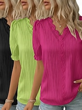  3er-Pack Damenblusen, T-Shirts, Oberteile mit Strukturmuster, Spitze, Patchwork, schlicht, modisch, stilvoll, klassisch, Kurzarm, V-Ausschnitt, normale Oberteile, lässig, für Alltag, Strand, Weiß + Fuchsia + Gelb
