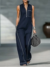 cheap Casual Jumpsuits-Women's Normal Jumpsuit Active Solid Color Sleeveless Wide Leg Shirt Collar Zipper Pocket Daily Vacation Loose Fit Blue Black Yellow Summer