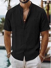 abordables Vacances-Men's Shirt Linen Shirt Summer Shirt Beach Shirt Summer Hawaiian Shirt Solid Color Casual Daily Blue Dark Yellow Navy Blue Green Short Sleeve Collar Spring &amp; Summer Summer Clothing Apparel Ruched