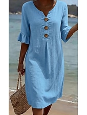 tanie Podstawowe sztuczne sukienki-Damskie Sukienka midi Sztuczna bawełna len Sukienka trapezowa Codzienny Codzienny Luźna Równina Rękaw 3/4 W serek Niebieski Czarny Biały Zielony Lato Wiosna Jesień