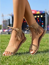 cheap Flat Sandals-Women's Khaki Fringe Sandals – Boho Ankle Tie Flat Sandals for Music Festival &amp; Summer Vacation Wear