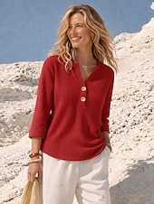 Χαμηλού Κόστους Απλές μπλούζες-Γυναικεία Βάφλα πουκάμισο Μπλούζα Κουμπιά Συμπαγές Χρώμα Στυλάτο Καθημερινό Μακρυμάνικο Λαιμόκοψη V Κανονικά μπλουζάκια Καθημερινά Θαλασσί Κίτρινο Ρουμπίνι Βυσσινί Πράσινο του τριφυλλιού