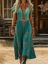 preiswerte Ethnisches Boho-Kleid-Damen Midikleid Boho-Kleid Freizeitkleid A Linie Kleid Druckkleid Vintage Outdoor Urlaub Wochenende Normale Passform Blumen Grafik Kurzarm V Ausschnitt Blau Sommer Frühling