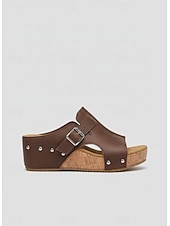 baratos Sandálias plataforma anabela-Sandálias femininas pretas de plataforma com tachas - modelo casual com fivela e sola de cortiça, ideais para passeios no parque, brunch, compras e encontros em terraços.