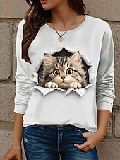 ieftine Tricou cu animale-Tricou pentru femei cu guler rotund mânecă lungă tunică pisică modern casual tops regulate imprimare zilnică weekend alb galben roșu albastru albastru prafuit toamnă iarnă