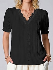 cheap Plain tee-Women's T Shirt Lace Splicing Top Tee Top Lace Patchwork Plain Fashion Stylish Classic Short Sleeve V Neck Regular Tops Daily Going out Weekend Black White Yellow Purple Fuchsia Summer Spring