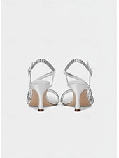 cheap Heeled Sandals-Women's Silver Strappy Slingback Sandals with Rhinestone Detailing – Sparkly Open Toe Kitten Heels for Cocktail Evenings and Wedding Receptions