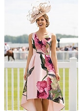  Ligne A Asymétrique Longueur thé Robe de Derby Robe de Mère de Mariée  Sans manches Col en V Élégant ancien Kentucky Derby Satin avec Fleur Imprimé