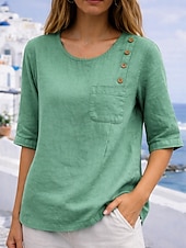 cheap Plain Blouses-Women's Blouse Faux Linen Shirt Pocket Buttons Plain Basic Casual Half Sleeve Crew Neck Regular Tops Daily Blue Red Green Gray Summer Spring