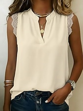 voordelige Gewone Tank-Dames Kanten overhemd Blouse Chiffon-topjes Lapwerk Effen Elegant Vakantie Mouwloos V-hals Lange tops Casual Wit patron Blozend Roze Groen Beige Zomer