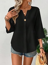 abordables Camisas-Mujer Camisa Blusa Remera de algodón Botones Plano Elegante Clásico Moderno Manga 3/4 Escote en Pico Tops regulares Diario Festivos Noche Negro Blanco Naranja Verano Primavera