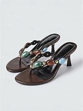 voordelige Hakken Sandalen-Luxe damessandalen met bruine hak - bohemian teenslippers met kleurrijke harssteentjes &amp;Gouden oorknopjes voor avondkleding in resorts en diners op eilanden. &amp;zomergala's