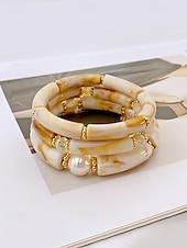 billige Damearmbånd-Bohemsk 3-delt armbåndssett i akryl for kvinner, elastiske, stabelbare armbånd, perfekt for strandferie, hverdagsbruk og sommertilbehør