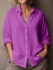 お買い得  エッセンシャルフェイクシャツ-女性用 シャツ ブラウス フェイクリネンシャツ 純色 ベーシック カジュアル 長袖 ラペル レギュラートップス カジュアル 日常 ブルー ブラック ホワイト イエロー ピンク 夏 春