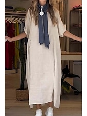 cheap Plain Dress-Women's Midi Dress Shift Dress Casual Dress Summer Dress Basic Classic Daily Vacation Loose Fit Plain Short Sleeve Crew Neck Pink Red Green Apricot Summer Spring
