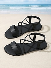 economico Donne-Sandali da donna bianchi con cinturini - comode scarpe estive basse con sottili cinturini incrociati e tallone elastico, ideali per vacanze al mare e viaggi sulle isole.