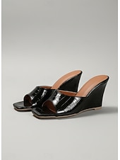 baratos Chinelos de slide-sandálias femininas pretas com estampa de crocodilo, bico aberto e salto quadrado, para passeios casuais de verão e looks chiques para o escritório