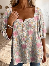 abordables Art &amp; Design Blouses-Femmes Chemisier Imprimé Graphique Géométrique Quotidien Élégant Occasionnel Demi Manches Col carré Hauts Réguliers Occasionnel Quotidien Bleu Rose Claire Bleu Poudré Vert Été Printemps