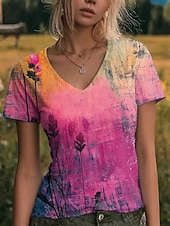 abordables Camiseta de Arte &amp; Diseño-Mujer Camiseta Estampado Graphic Abstracto Vintage Elegante Clásico Manga Corta Escote en Pico Tops regulares Casual Diario Noche Rosa Verde Trébol Verano Primavera