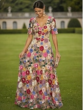  A-lijn Jurken Tot de grond Maxi-jurk Feestjurk Cocktail jurk Moeder van de bruid jurk Korte mouw V-hals Elegant Vintage Luxueus Formeel Bruiloft gast Kentucky Derby Chiffon Tule met 3D-bloemen