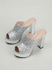 voordelige Platform Sandalen-Rode glitter platform muiltjes voor dames – stevige instapsandalen met blokhak voor de nachtclub of een feestje. &amp;een glamoureuze avond uit