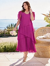 preiswerte Chiffonkleider-Damen Midikleid Chiffonkleid Elegant Täglich Outdoor Urlaub Lässiger Schnitt Einfach Kurzarm Rundhalsausschnitt Kastanienbraun Fuchsie Sommer