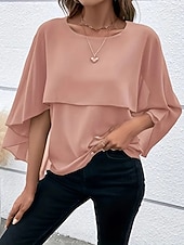 baratos Blusas Simples-Mulheres Blusa Franzido Côr Sólida à moda Básico Casual Manga 3/4 Gola Redonda Tops regulares Diário Azul Preto Rosa Vermelho Camelo Verão Primavera Outono