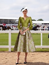 abordables Robes de cocktail-Ligne A Longueur thé Robes de Cocktail Robes de soirée Élégant ancien Manche 3/4 Col en V Mariage Formel Taffetas Jacquard avec Noeud(s) Plis