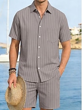cheap Cotton Linen Shirt-Men Linen Shirt 2 Piece Shirt Set And Shorts Linen Shorts Beach Shorts Set Vertical Stripes Casual Daily Outdoor Turndown Short Sleeve Summer Fashion Casual Comfortable Clothing Apparel
