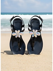 baratos Mulheres-Women's Elegant White Jelly Sandals - Waterproof T-Strap Flip Flops with 3D Flower &amp; Sparkling Rhinestone Decor for Beach Vacations, Summer Weddings &amp; Resort Wear