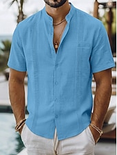 abordables Vacances-Men's Shirt Linen Shirt Summer Shirt Beach Shirt Summer Hawaiian Shirt Solid Color Casual Daily Blue Dark Yellow Navy Blue Green Short Sleeve Collar Spring &amp; Summer Summer Clothing Apparel Ruched