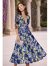 abordables Cocktailjurken-A-Line Tea Length Cocktail Dresses Elegant Vintage Floral Half Sleeve V Neck Garden Party Wedding Lace with Embroidered Flower Embroidery Pocket