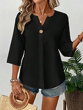 abordables Camisas-Mujer Camisa Blusa Remera de algodón Botones Plano Elegante Clásico Moderno Manga 3/4 Escote en Pico Tops regulares Diario Festivos Noche Negro Blanco Naranja Verano Primavera
