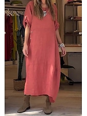 cheap Plain Dress-Women's Midi Dress Shift Dress Casual Dress Summer Dress Basic Classic Daily Vacation Loose Fit Plain Short Sleeve Crew Neck Pink Red Green Apricot Summer Spring