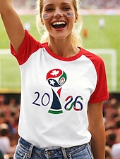 economico Partita di Calcio Mondiale-t-shirt da calcio da donna con stampa grafica, lettera, elegante, classica, casual, manica corta, girocollo, top regolari, casual, quotidiano, blu, nero, rosso, verde, estate, primavera