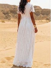 levne Bílé krajkové šaty-Dámské Maxi šaty Boho šaty Krajkové šaty Bílé šaty Letní šaty Elegantní Módní Plážové Dovolená Běžný Bez vzoru Krátký rukáv Do V Bílá Léto Jaro