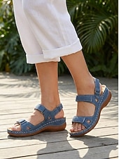 preiswerte Flache Sandalen-graue Damen Komfort-Sandalen mit Cut-Out-Design und Klettverschluss für Freizeit und Alltag