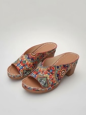 abordables Sandales à talons-Sandales à talons carrés imprimées style ethnique pour femmes – mules colorées à bout ouvert, idéales pour les vacances, les festivals et les tenues estivales décontractées.