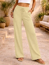 cheap Bottoms-Women's Linen-feel Pants Summer Pants Vacation Basic Full Length Medium Waist Plain Drawstring Comfort Micro-elastic Daily Blue Depression Green Apricot Grey Summer Spring