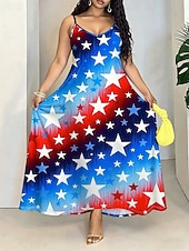  Amerykański Dzień Niepodległości Damskie Sukienka maxi Sukienka A line Sukienka na ramiączkach Urlop Codzienny Plaża Wyjściowe Regularny Graficzny Gwiazda Bez rękawów W serek Niebieski Czerwony Lato